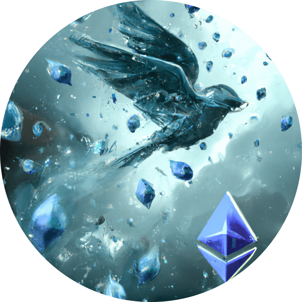 The Twitter bird flying through a cloud of Ethereum diamonds, courtesy of OpenAI's DALL-E